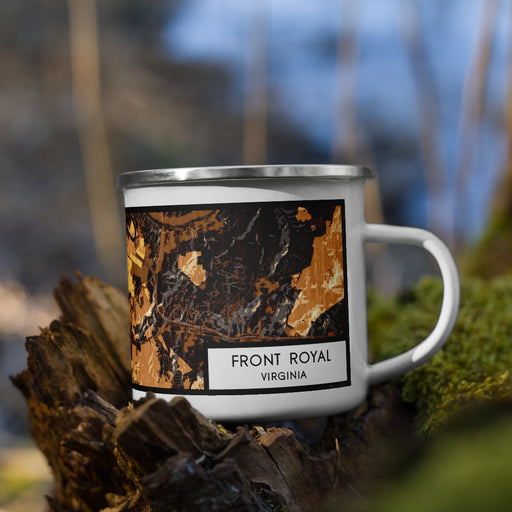 Right View Custom Front Royal Virginia Map Enamel Mug in Ember on Grass With Trees in Background