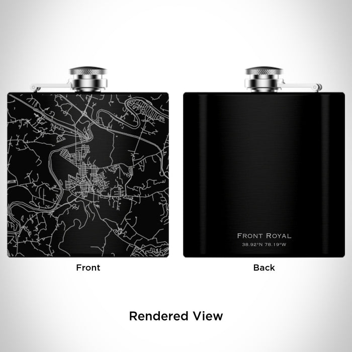 Rendered View of Front Royal Virginia Map Engraving on 6oz Stainless Steel Flask in Black