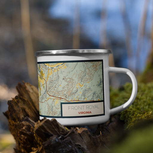 Right View Custom Front Royal Virginia Map Enamel Mug in Woodblock on Grass With Trees in Background