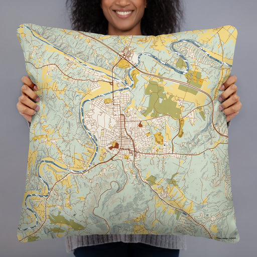 Person holding 22x22 Custom Front Royal Virginia Map Throw Pillow in Woodblock