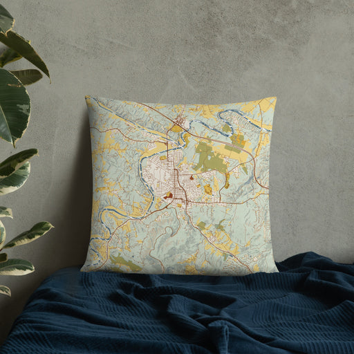 Custom Front Royal Virginia Map Throw Pillow in Woodblock on Bedding Against Wall