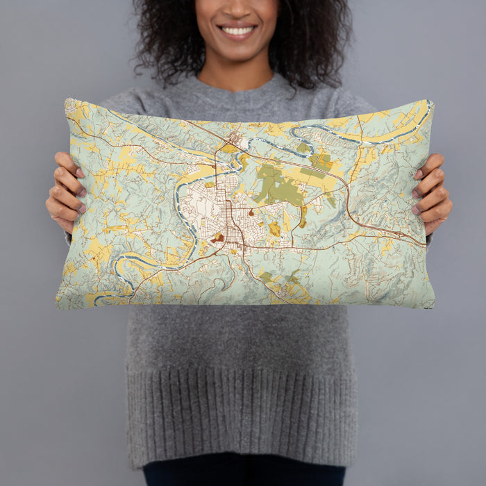 Person holding 20x12 Custom Front Royal Virginia Map Throw Pillow in Woodblock
