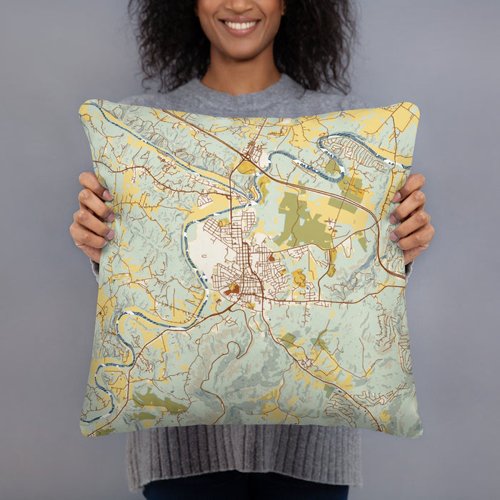 Person holding 18x18 Custom Front Royal Virginia Map Throw Pillow in Woodblock