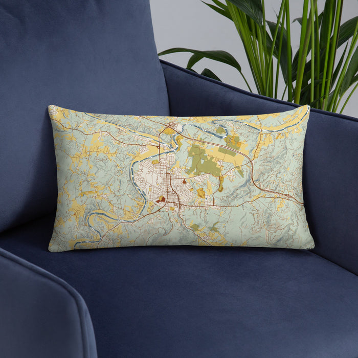 Custom Front Royal Virginia Map Throw Pillow in Woodblock on Blue Colored Chair