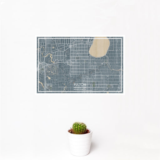 12x18 Fulton Minneapolis Map Print Landscape Orientation in Afternoon Style With Small Cactus Plant in White Planter