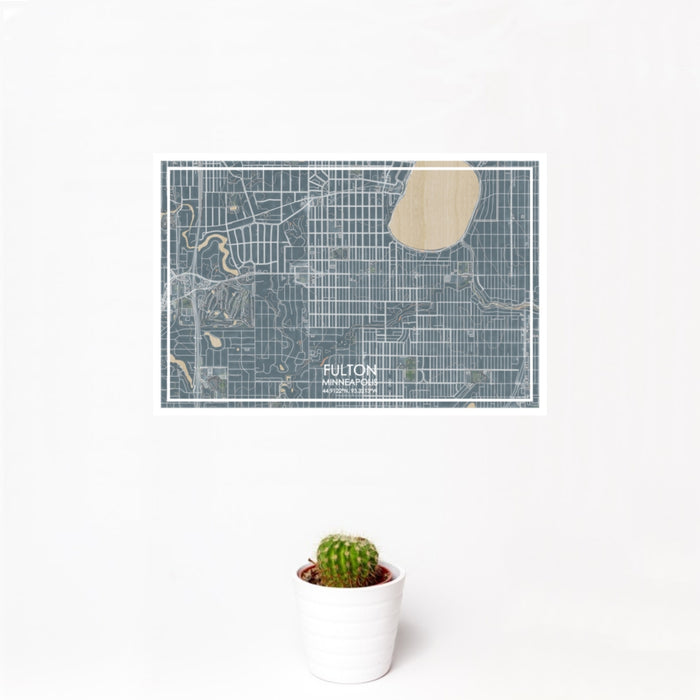 12x18 Fulton Minneapolis Map Print Landscape Orientation in Afternoon Style With Small Cactus Plant in White Planter