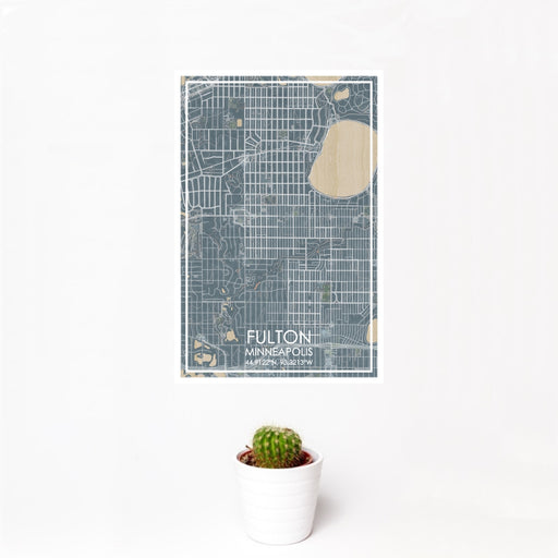 12x18 Fulton Minneapolis Map Print Portrait Orientation in Afternoon Style With Small Cactus Plant in White Planter