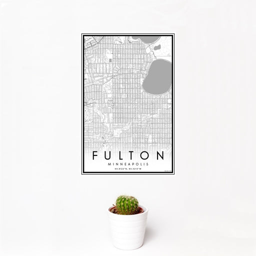 12x18 Fulton Minneapolis Map Print Portrait Orientation in Classic Style With Small Cactus Plant in White Planter