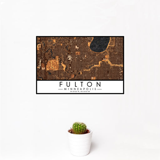 12x18 Fulton Minneapolis Map Print Landscape Orientation in Ember Style With Small Cactus Plant in White Planter