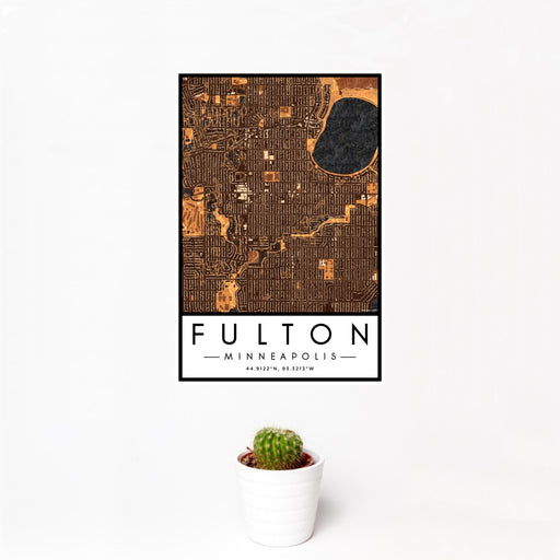 12x18 Fulton Minneapolis Map Print Portrait Orientation in Ember Style With Small Cactus Plant in White Planter