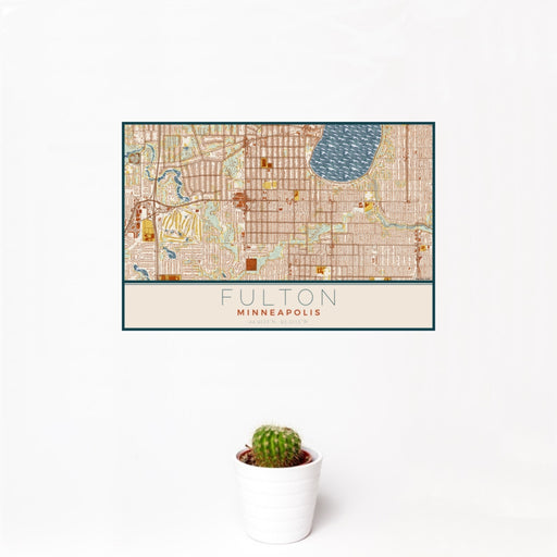 12x18 Fulton Minneapolis Map Print Landscape Orientation in Woodblock Style With Small Cactus Plant in White Planter