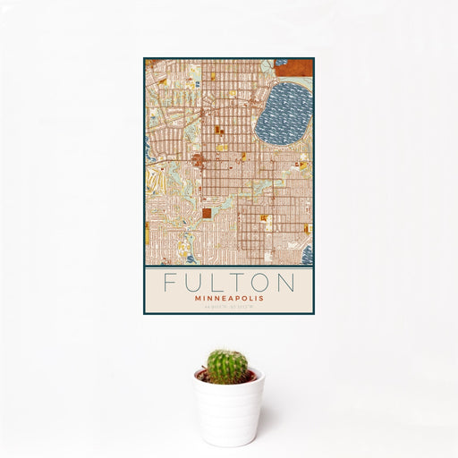 12x18 Fulton Minneapolis Map Print Portrait Orientation in Woodblock Style With Small Cactus Plant in White Planter