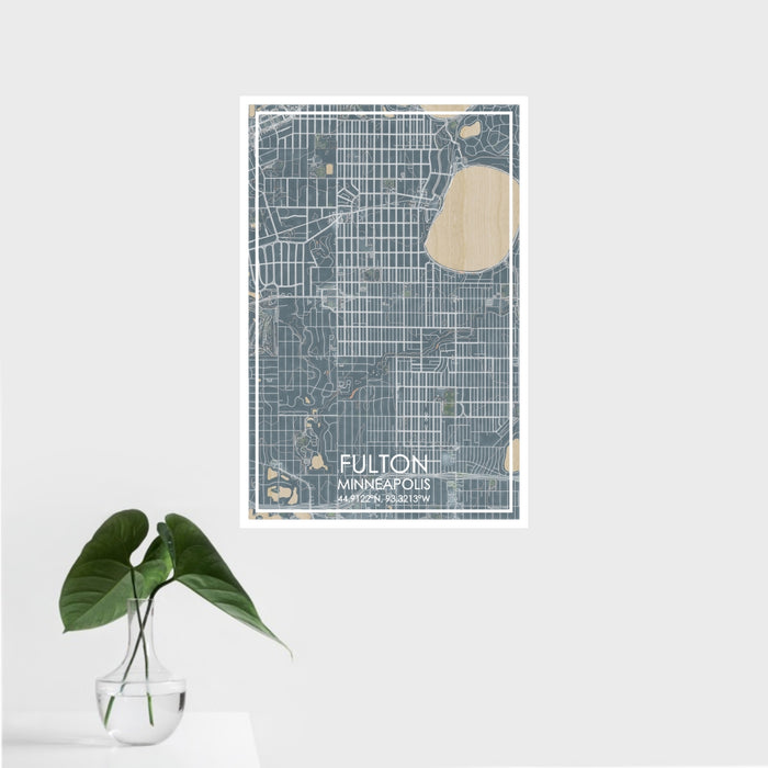 16x24 Fulton Minneapolis Map Print Portrait Orientation in Afternoon Style With Tropical Plant Leaves in Water