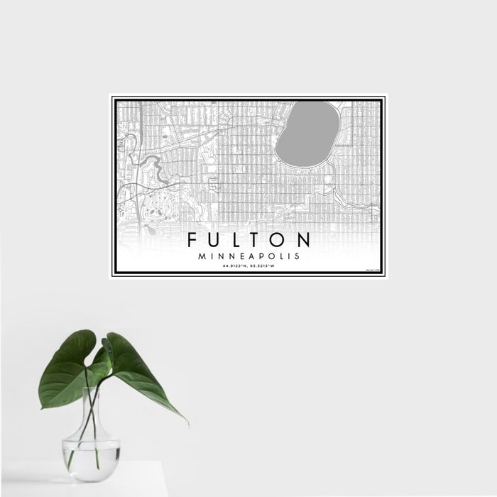 16x24 Fulton Minneapolis Map Print Landscape Orientation in Classic Style With Tropical Plant Leaves in Water