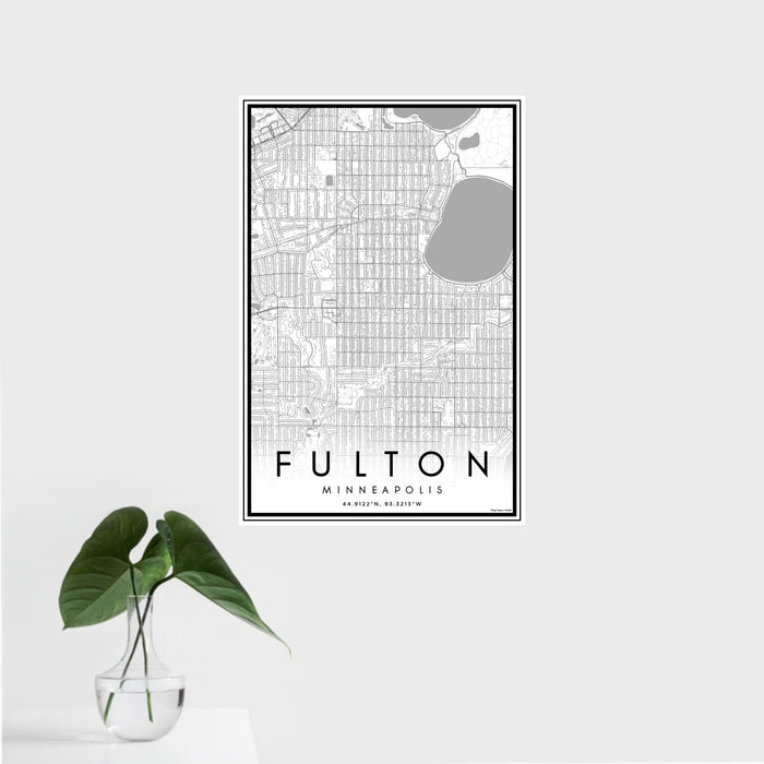 16x24 Fulton Minneapolis Map Print Portrait Orientation in Classic Style With Tropical Plant Leaves in Water
