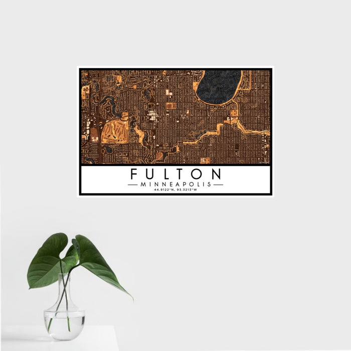16x24 Fulton Minneapolis Map Print Landscape Orientation in Ember Style With Tropical Plant Leaves in Water