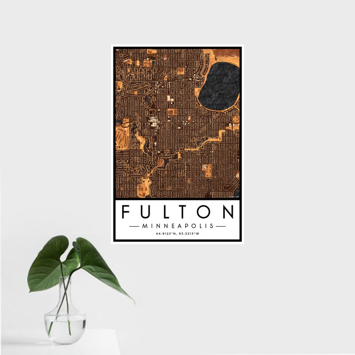 16x24 Fulton Minneapolis Map Print Portrait Orientation in Ember Style With Tropical Plant Leaves in Water