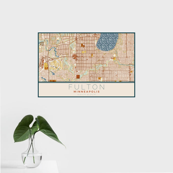 16x24 Fulton Minneapolis Map Print Landscape Orientation in Woodblock Style With Tropical Plant Leaves in Water