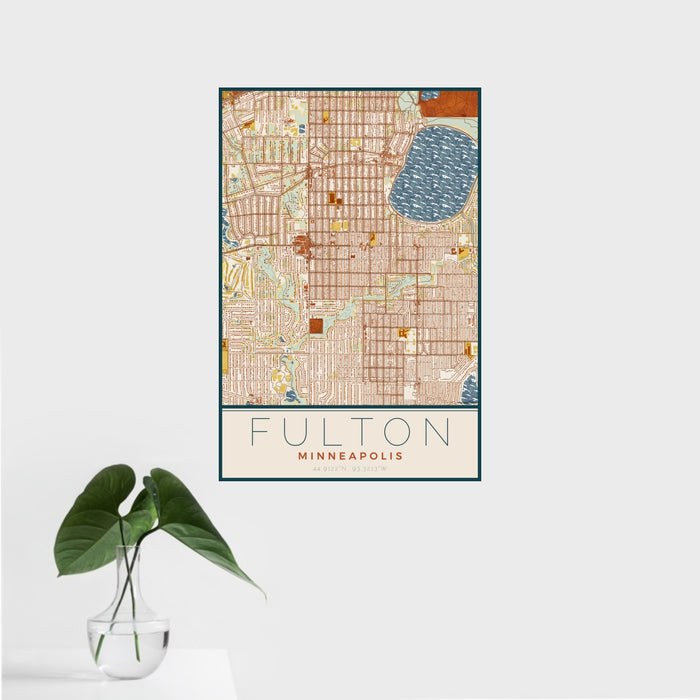 16x24 Fulton Minneapolis Map Print Portrait Orientation in Woodblock Style With Tropical Plant Leaves in Water