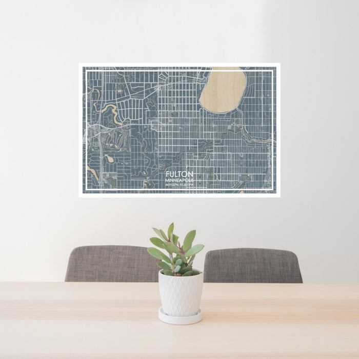 24x36 Fulton Minneapolis Map Print Lanscape Orientation in Afternoon Style Behind 2 Chairs Table and Potted Plant