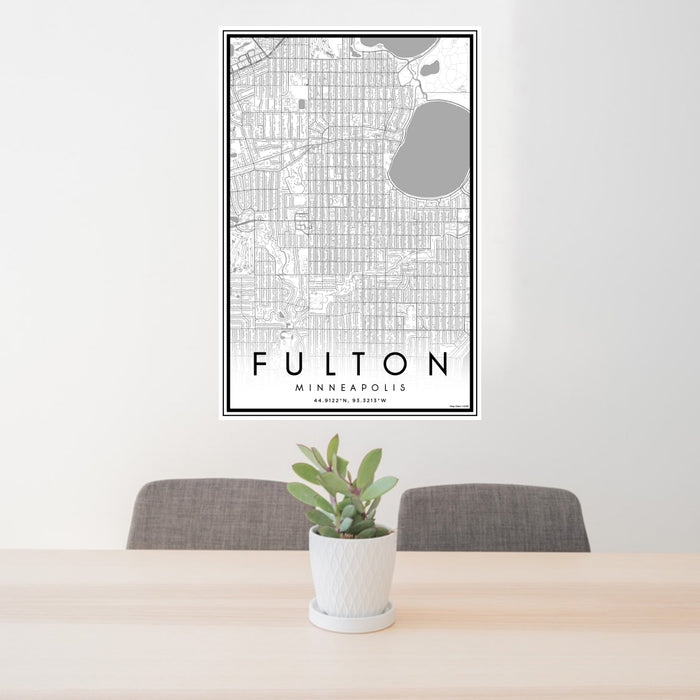 24x36 Fulton Minneapolis Map Print Portrait Orientation in Classic Style Behind 2 Chairs Table and Potted Plant