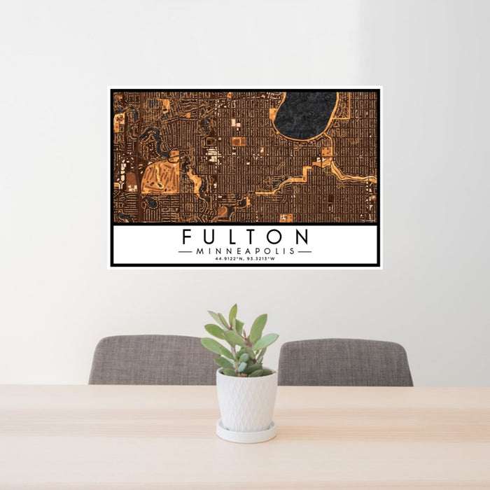 24x36 Fulton Minneapolis Map Print Lanscape Orientation in Ember Style Behind 2 Chairs Table and Potted Plant