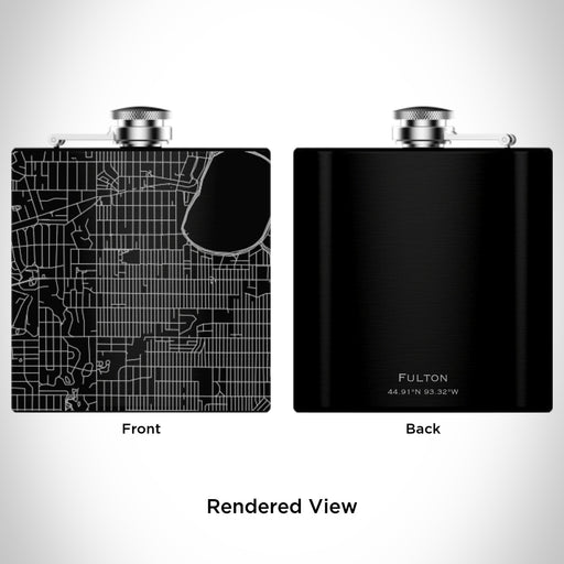 Rendered View of Fulton Minneapolis Map Engraving on 6oz Stainless Steel Flask in Black