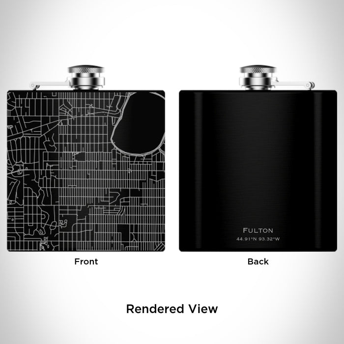 Rendered View of Fulton Minneapolis Map Engraving on 6oz Stainless Steel Flask in Black