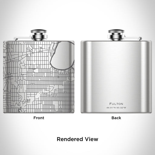 Rendered View of Fulton Minneapolis Map Engraving on 6oz Stainless Steel Flask