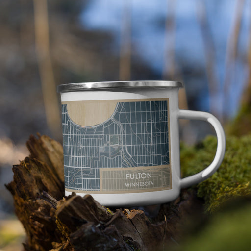 Right View Custom Fulton Minnesota Map Enamel Mug in Afternoon on Grass With Trees in Background