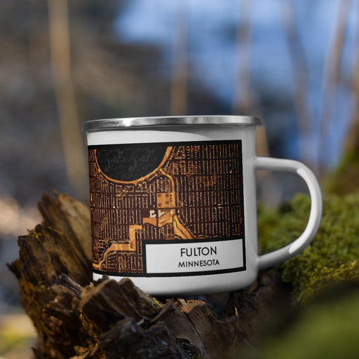 Right View Custom Fulton Minnesota Map Enamel Mug in Ember on Grass With Trees in Background