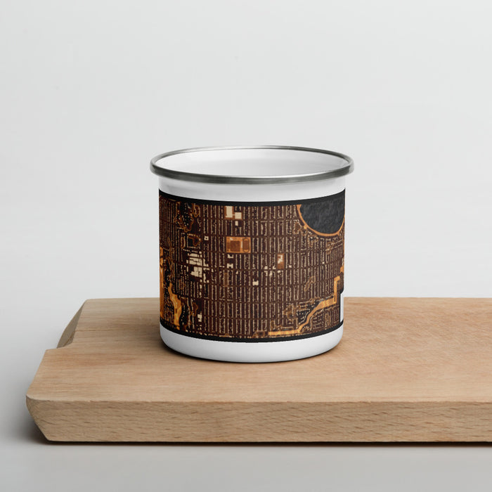 Front View Custom Fulton Minnesota Map Enamel Mug in Ember on Cutting Board