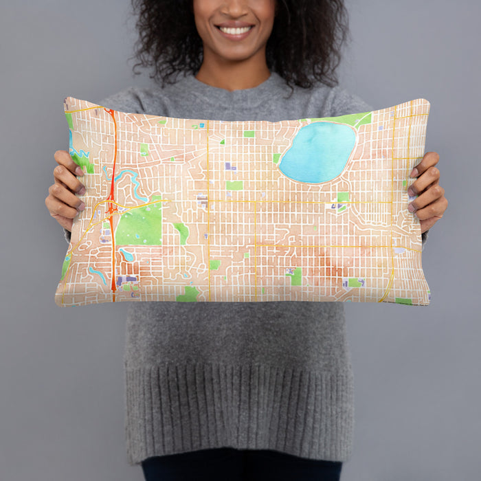 Person holding 20x12 Custom Fulton Minnesota Map Throw Pillow in Watercolor