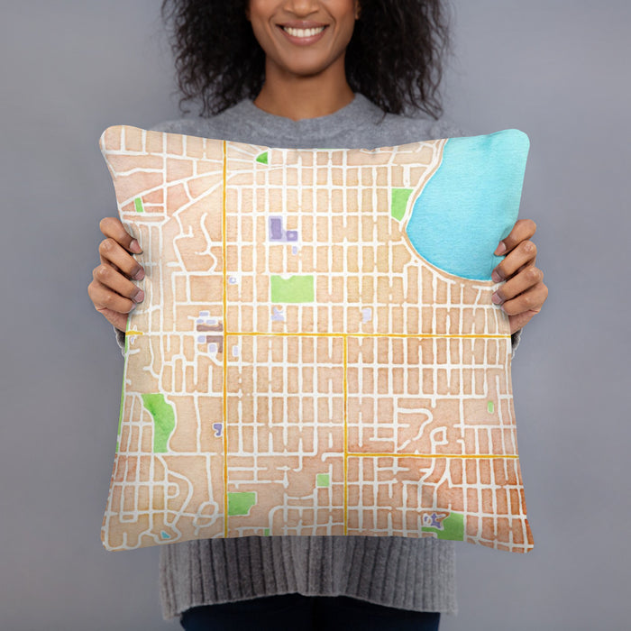 Person holding 18x18 Custom Fulton Minnesota Map Throw Pillow in Watercolor