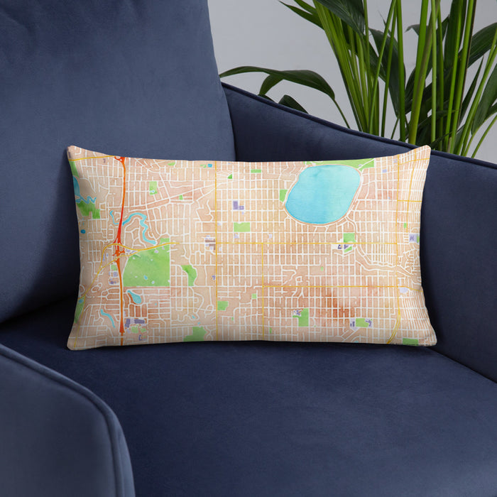 Custom Fulton Minnesota Map Throw Pillow in Watercolor on Blue Colored Chair