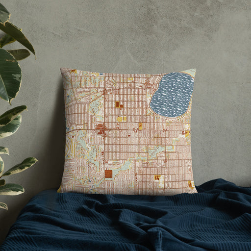 Custom Fulton Minnesota Map Throw Pillow in Woodblock on Bedding Against Wall