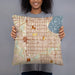 Person holding 18x18 Custom Fulton Minnesota Map Throw Pillow in Woodblock