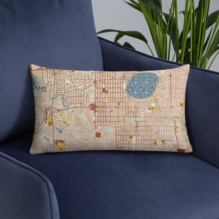 Custom Fulton Minnesota Map Throw Pillow in Woodblock on Blue Colored Chair