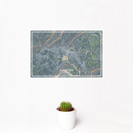 12x18 Gadsden Alabama Map Print Landscape Orientation in Afternoon Style With Small Cactus Plant in White Planter