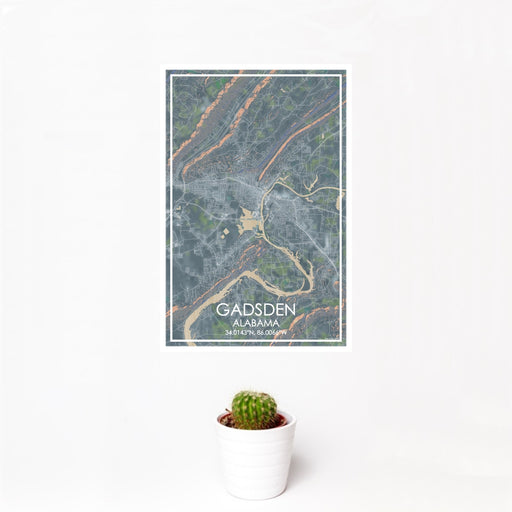 12x18 Gadsden Alabama Map Print Portrait Orientation in Afternoon Style With Small Cactus Plant in White Planter