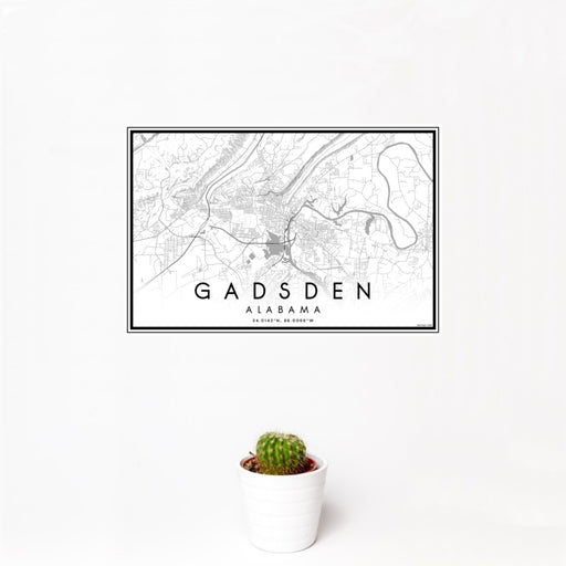 12x18 Gadsden Alabama Map Print Landscape Orientation in Classic Style With Small Cactus Plant in White Planter