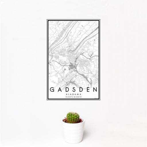 12x18 Gadsden Alabama Map Print Portrait Orientation in Classic Style With Small Cactus Plant in White Planter