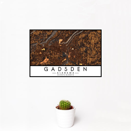 12x18 Gadsden Alabama Map Print Landscape Orientation in Ember Style With Small Cactus Plant in White Planter