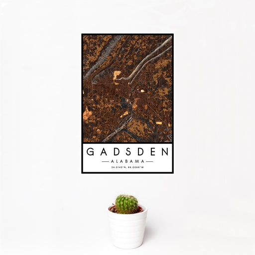 12x18 Gadsden Alabama Map Print Portrait Orientation in Ember Style With Small Cactus Plant in White Planter