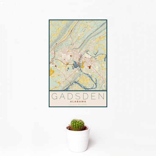 12x18 Gadsden Alabama Map Print Portrait Orientation in Woodblock Style With Small Cactus Plant in White Planter