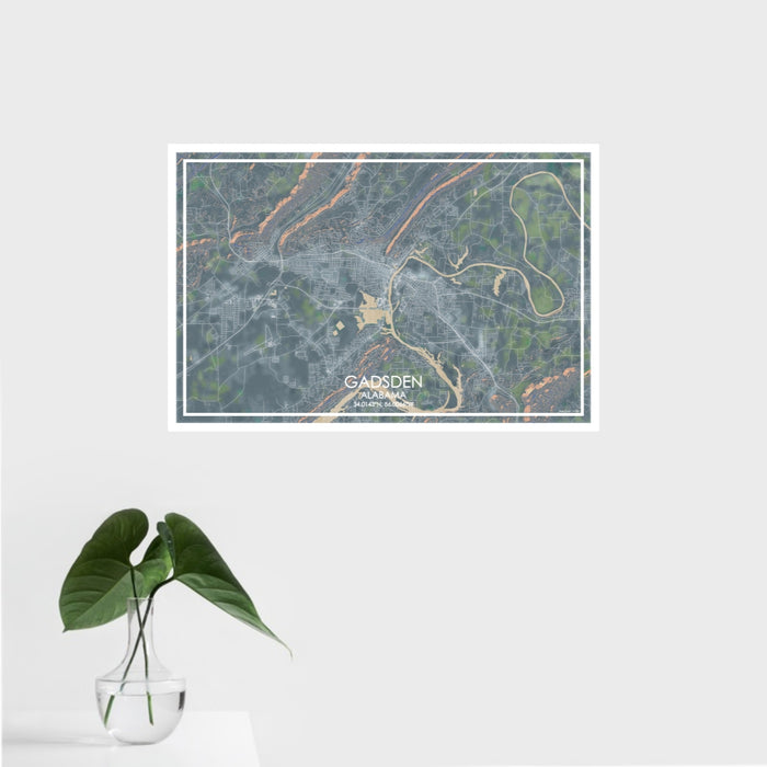 16x24 Gadsden Alabama Map Print Landscape Orientation in Afternoon Style With Tropical Plant Leaves in Water
