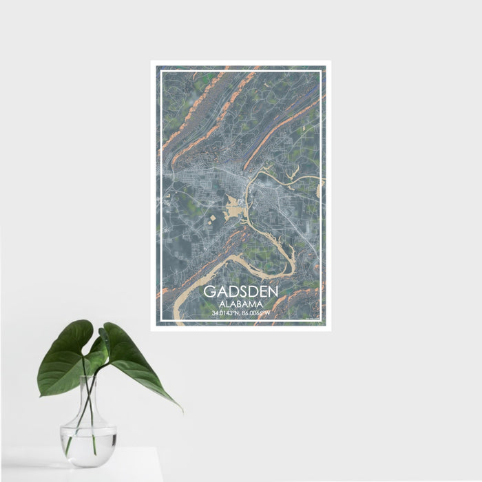 16x24 Gadsden Alabama Map Print Portrait Orientation in Afternoon Style With Tropical Plant Leaves in Water