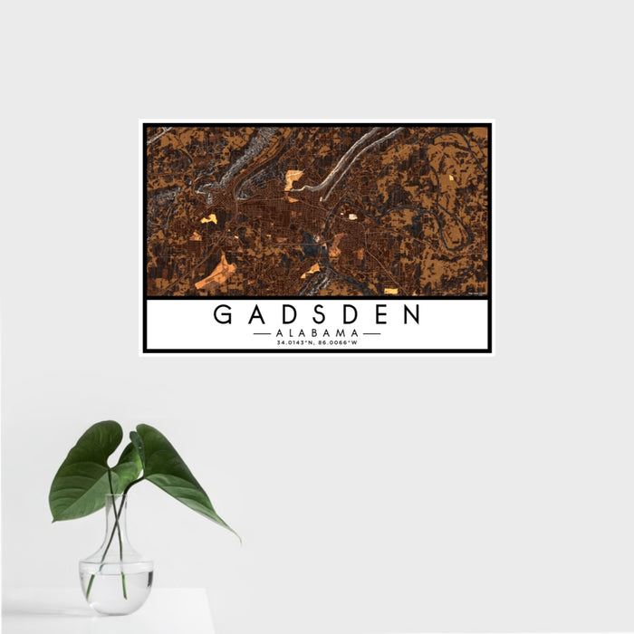 16x24 Gadsden Alabama Map Print Landscape Orientation in Ember Style With Tropical Plant Leaves in Water