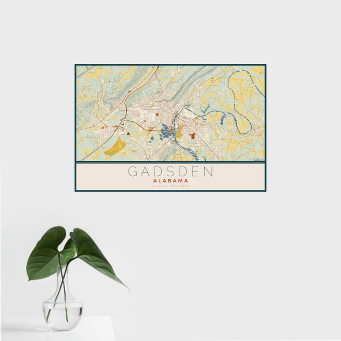 16x24 Gadsden Alabama Map Print Landscape Orientation in Woodblock Style With Tropical Plant Leaves in Water
