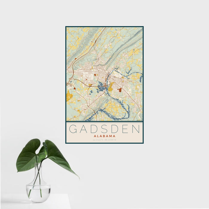 16x24 Gadsden Alabama Map Print Portrait Orientation in Woodblock Style With Tropical Plant Leaves in Water